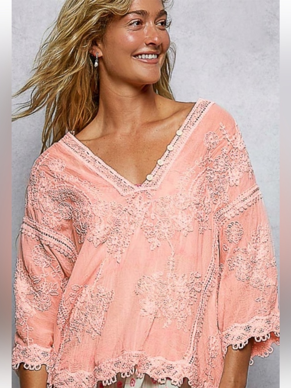 #199-0361 New POL Peach Embroidered Lace-Trim Tunic